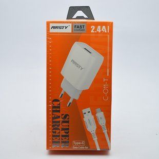 Сетевое зарядное устройство ANSTY C-011-T с Type-C кабелем 1USB 2.4A White