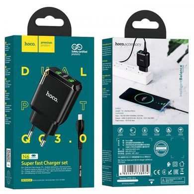 Зарядное устройство Hoco N6 Charmer 2 USB QC3.0 с кабелем MicroUSB Black