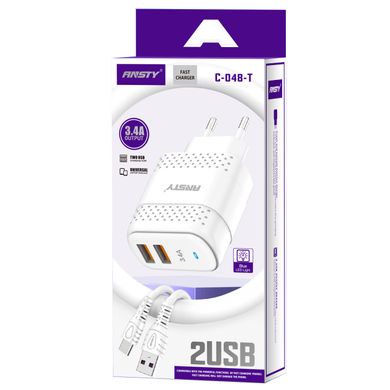 Мережевий зарядний пристрій ANSTY C-048-T with Type-C cable 2USB 3.4A Білий