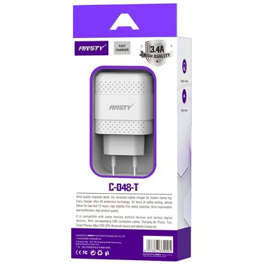 Сетевое зарядное устройство ANSTY C-048-T with Type-C cable 2USB 3.4A Белый