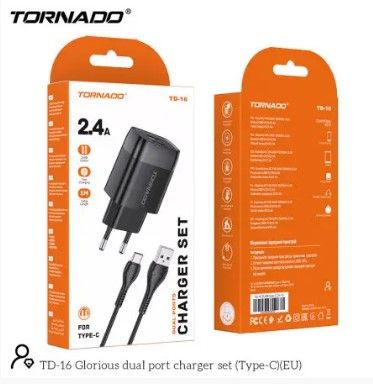 СЗУ Tornado TD-16 with Type-c cable 2USB 2.4A Black, Черный