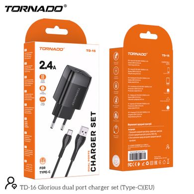 МЗП Tornado TD-16 with Type-c cable 2USB 2.4A Black, Чорний