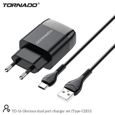 СЗУ Tornado TD-16 with Type-c cable 2USB 2.4A Black, Черный