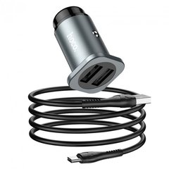 Автомобільний зарядний пристрій Hoco NZ4 Dual USB (5V 2.4A / 5V 4.8A 24W) з кабелем Lightning Metal Gray