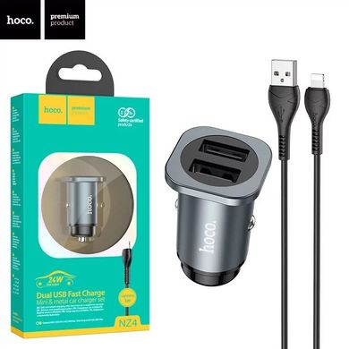 Автомобильное зарядное устройство Hoco NZ4 Dual USB (5V 2.4A / 5V 4.8A 24W) с кабелем Lightning Metal Gray