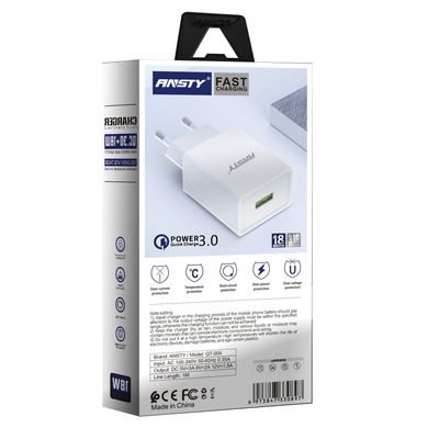 Мережевий зарядний пристрій ANSTY QT-004 with Type-C cable 1USB 3A Білий