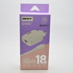 Мережевий зарядний пристрій ANSTY Q-024-T з Type-C кабелем 1USB 3A 18W White