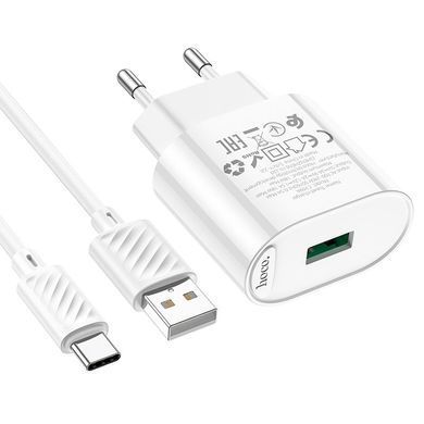 Сетевое зарядное устройство Hoco C109A Fighter 1USB QC 3.0 18W с кабелем USB - Type-C White