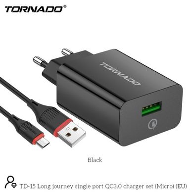 МЗП Tornado TD-15 with Micro USB cable 1USB QC3.0 Black, Чорний