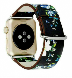 Ремешок для iWatch Leather with Flower 38mm/40mm/41mm Black-Blue