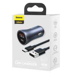 Автомобільна зарядка Baseus Golden Contactor Pro 1USB+1Type-c PD+QC 40W з Type-c кабелем 5A 1M Dark Grey TZCCJD-0G