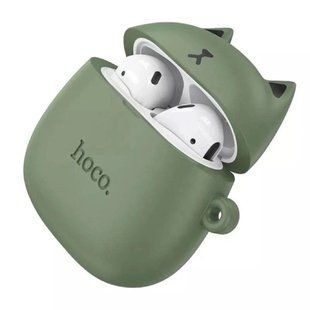 Дитячі безпровідні навушники TWS (Bluetooth) Hoco Kids Design EW45 з чохлом Green Cat (Зелений кіт)