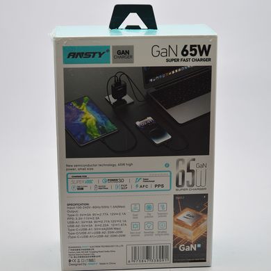 Мережевий зарядний пристрій ANSTY GN-02-PT GaN 65 W (1 Type-C / 2 USB) Black