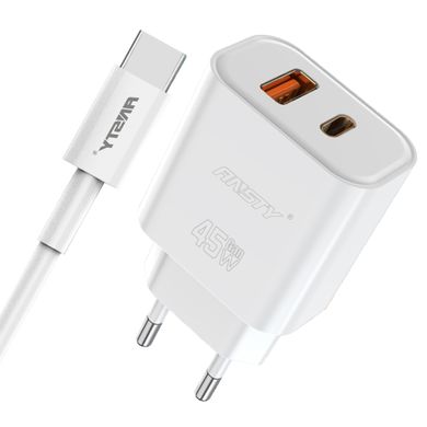 Сетевое зарядное устройство ANSTY Q-040-T с Type-C cable 45W (1USB 20W + Type-C 25W) Белый