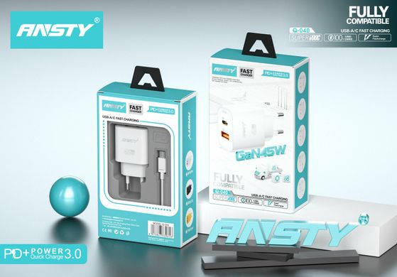 Мережевий зарядний пристрій ANSTY Q-040-T with Type-C cable 45W (1USB 20W + Type-C 25W) Білий