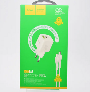 Зарядное устройство Hoco N20 Prestige Dual USB (Type-C PD20W/ USB QC3.0) с кабелем Type-C to Lightning White