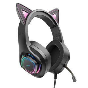 Провідні ігрові навушники з вушками Hoco W107 Сute cat Pink-Black
