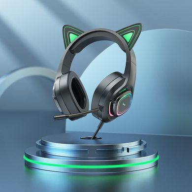 Провідні ігрові навушники з вушками Hoco W107 Сute cat Green-Black