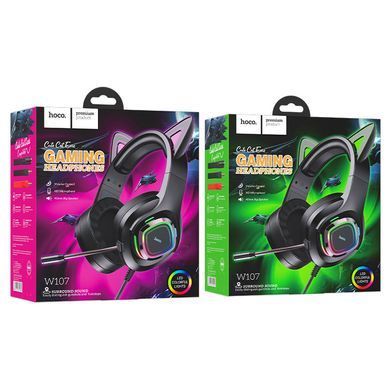 Провідні ігрові навушники з вушками Hoco W107 Сute cat Green-Black
