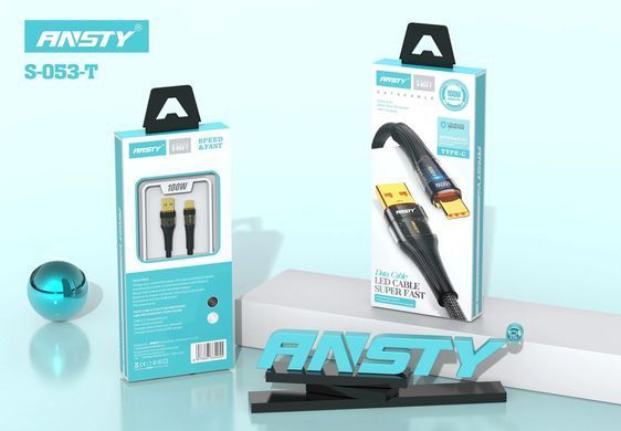 Кабель ANSTY S-053-T Type-C 100W 1M Nylon LED Чорний