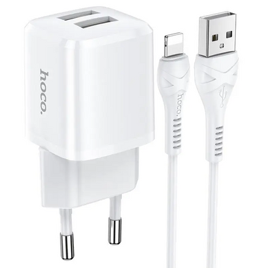 Зарядное устройство для телефона белое Hoco N8 Briar Dual USB 2.4A с кабелем Lightning White