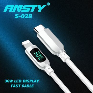 Кабель ANSTY S-028 Type-C to Lightning Nylon LED Display 30W 1M Белый