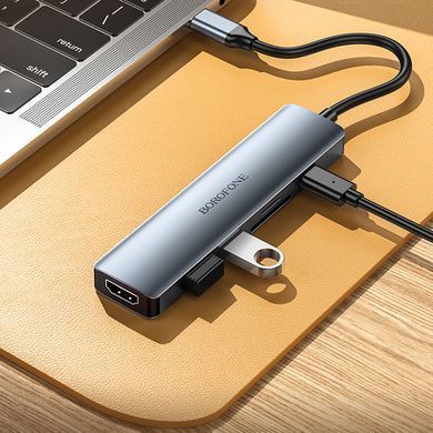 USB HUB Borofone DH15 Type-C to HDMI/Type-C PD/2 USB/SD/MicroSD Gray