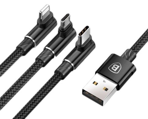 Кабель угловой Baseus MVP 3-в-1 Mobile Game Cable USB для M+L+T 1.2m Black (camlt-wz01)