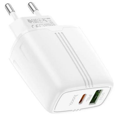 Зарядний пристрій для телефону мережевий (адаптер) із швидкою зарядкою Hoco N11 Powerful Dual USB PD20W+QC3.0 White