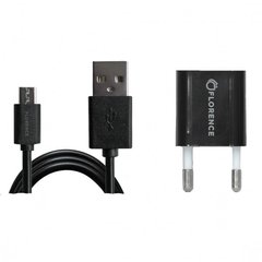 Мережевий зарядний пристрій (МЗП) Florence USB 1A + microUSB (FL-1000-KM) Black