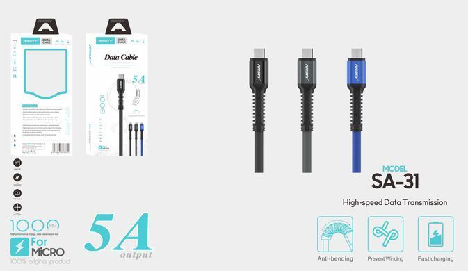 Кабель ANSTY SA-31 Micro USB Nylon 2.4A 1M Сірий