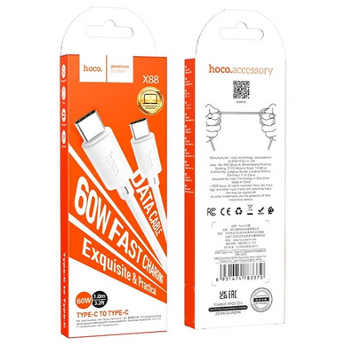 Кабель Hoco X88 Gratified Type-C to Type-C 60W 1m White