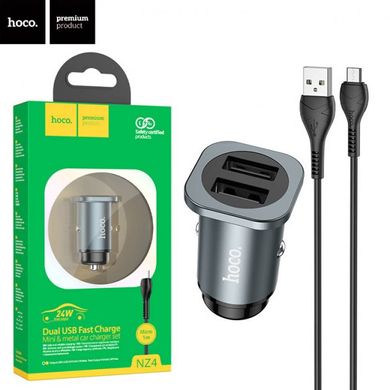 Автомобильное зарядное устройство Hoco NZ4 Dual USB (5V 2.4A/5V 4.8A 24W) с кабелем Micro USB Metal Gray