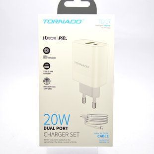 Сетевое зарядное устройство Tornado TD-17 PD20W+QC3.0 с кабелем Type-c to Type-c White