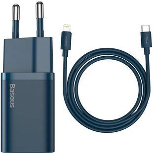 Сетевое зарядное устройство Baseus Super Silicone 1Type-C + Cable Type-C to Lightning 20W Blue TZCCSUP-B03