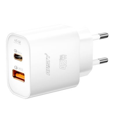 Мережевий зарядний пристрій ANSTY Q-040-PI with Type-C to Lightning cable 45W (1USB 20W + Type-C 25W) Білий