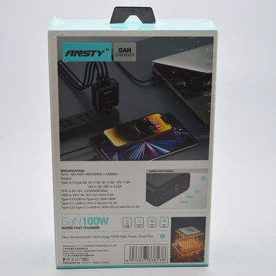 Мережевий зарядний пристрій ANSTY GN-04-PT GaN 100 W (2 Type-C / 1 USB) Black