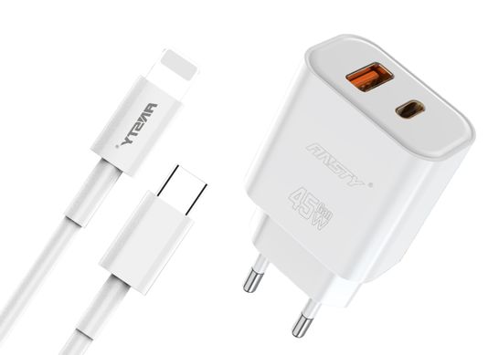 Сетевое зарядное устройство ANSTY Q-040-PI with Type-C to Lightning cable 45W (1USB 20W + Type-C 25W) Белый