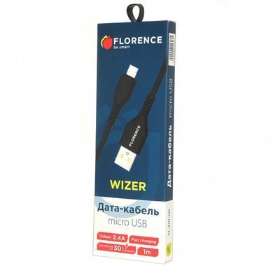 Дата кабель USB Florence Wizer microUSB 1m 2.4A Black (FL-2111-KM) для зарядки и передачи данных