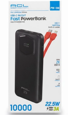 Внешний аккумулятор Power Bank ACL PW-139 с кабелями Type-C/Lightning 10000mAh 22.5W Black
