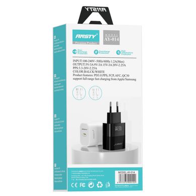 Мережевий зарядний пристрій ANSTY AY-014 with Type-C to Type-C cable 45W PD 3.0 GaN CE Білий