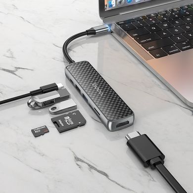 HUB USB (Юсб Хаб) Hoco HB24 Easy Display Type-C to HDMI/USB3.0/USB2.0/SD/TF Metal Gray