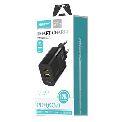 Мережевий зарядний пристрій ANSTY AY-017 with Type-C to Type-C cable 20W PD + QC3.0 CE Білий