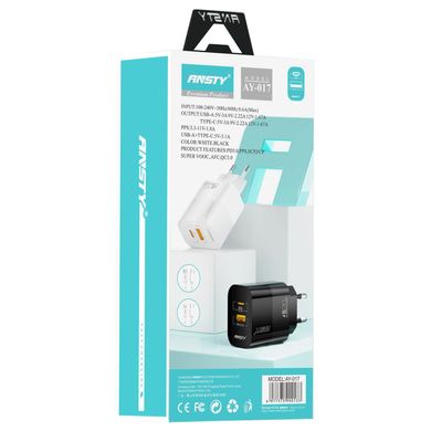 Мережевий зарядний пристрій ANSTY AY-017 with Type-C to Type-C cable 20W PD + QC3.0 CE Білий