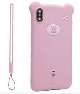 Чехол объемный 3D Baseus Bear Case iPhone Xs Max 6.5" Pink на ремешке
