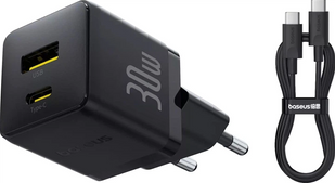 МЗП Baseus Palm Fast Charger 1Type-C+1USB 30W + Cable Type-C to Type-C Black P1011160A113-01