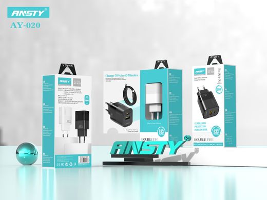 Мережевий зарядний пристрій ANSTY AY-020 with Type-C to Type-C cable 33W PD + QC3.0 CE Білий