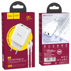 Зарядний пристрій для телефону мережевий з кабелем Hoco N5 Favor 1xUSB 1xType-C PD20W+QC3.0 White