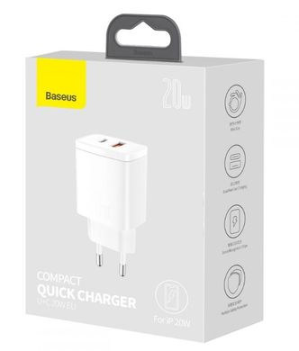 Сетевое зарядное устройство Baseus Compact Quick Charger 1xUSB/1Type-C 20W White CCXJ-B02