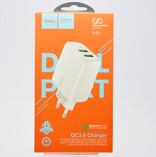 Зарядний пристрій для телефону мережевий (адаптер) Hoco N12 Yizhan Dual USB QC3.0 White
